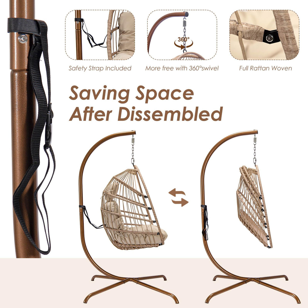 NICESOUL Hanging Egg Chair with Stand Indoor Outdoor, Comfy Patio Rattan Swing Hammock Chairs with Cushion, 350lbs Capacity Egg Shaped Chair for Lawn Backyard Balcony Bedroom, Birthday Gift, Beige NICESOUL