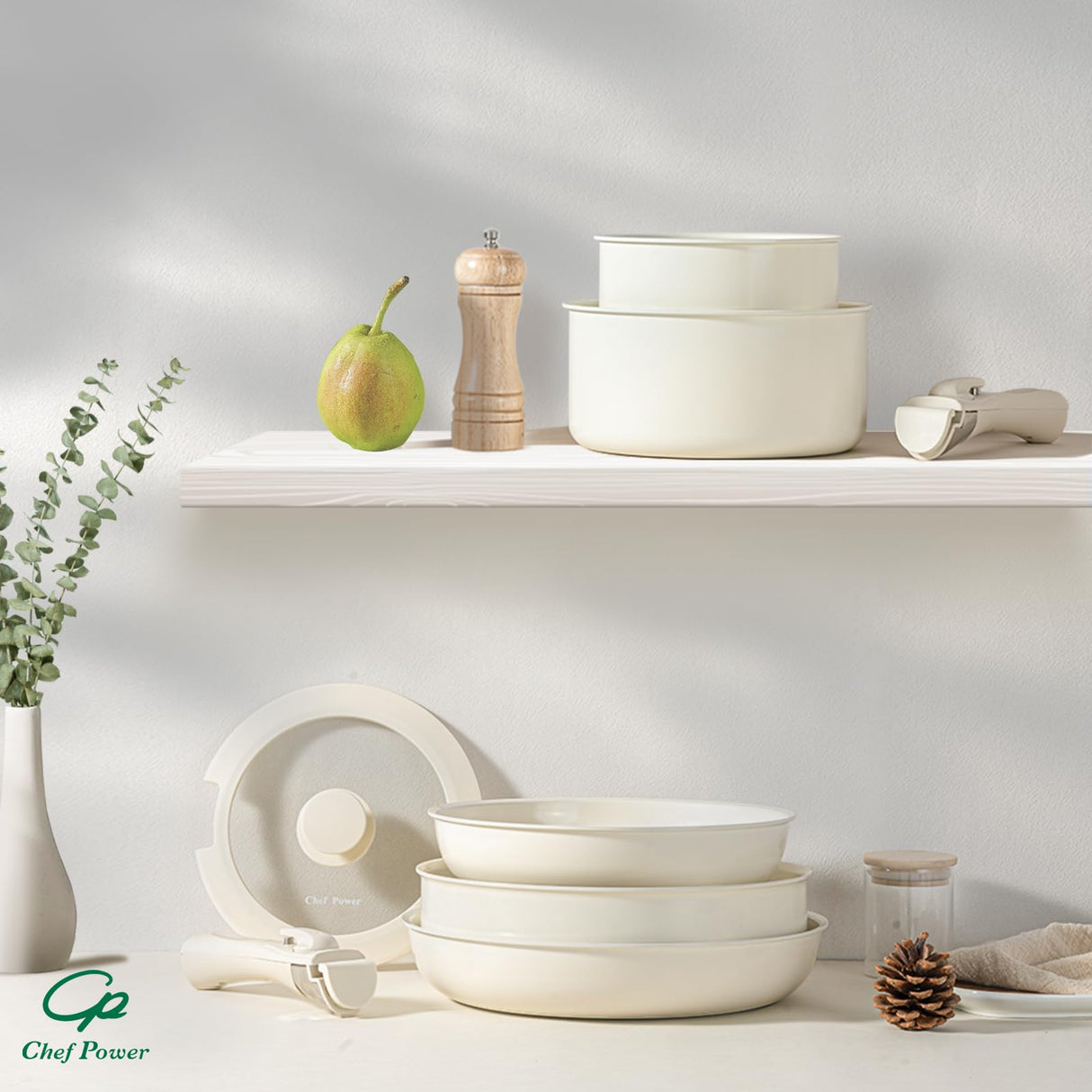 Chef Power Ceramic Cookware Set Non Toxic with Detachable Handles, Healthy Nonstick Pans and Pots Set 19 Pcs, Induction Dishwasher Oven Safe Kitchen Set, PFAS PFOA & PTFE Free, Cream White Chef Power