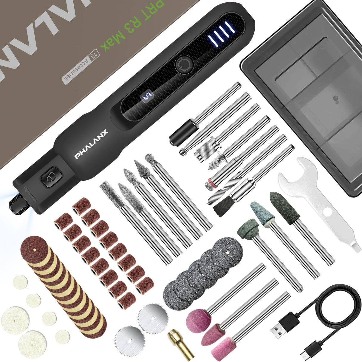 Rotary Tool - 3.7V Cordless Rotary Tool Kit LED Ring Work Light, 2.0Ah Li-ion Battery 5 Speed 70 Accessories Power Rotary Tools 20000RPM,Mini Rotary Tool Cordless for Light DIY Projects/Precision Work PHALANX