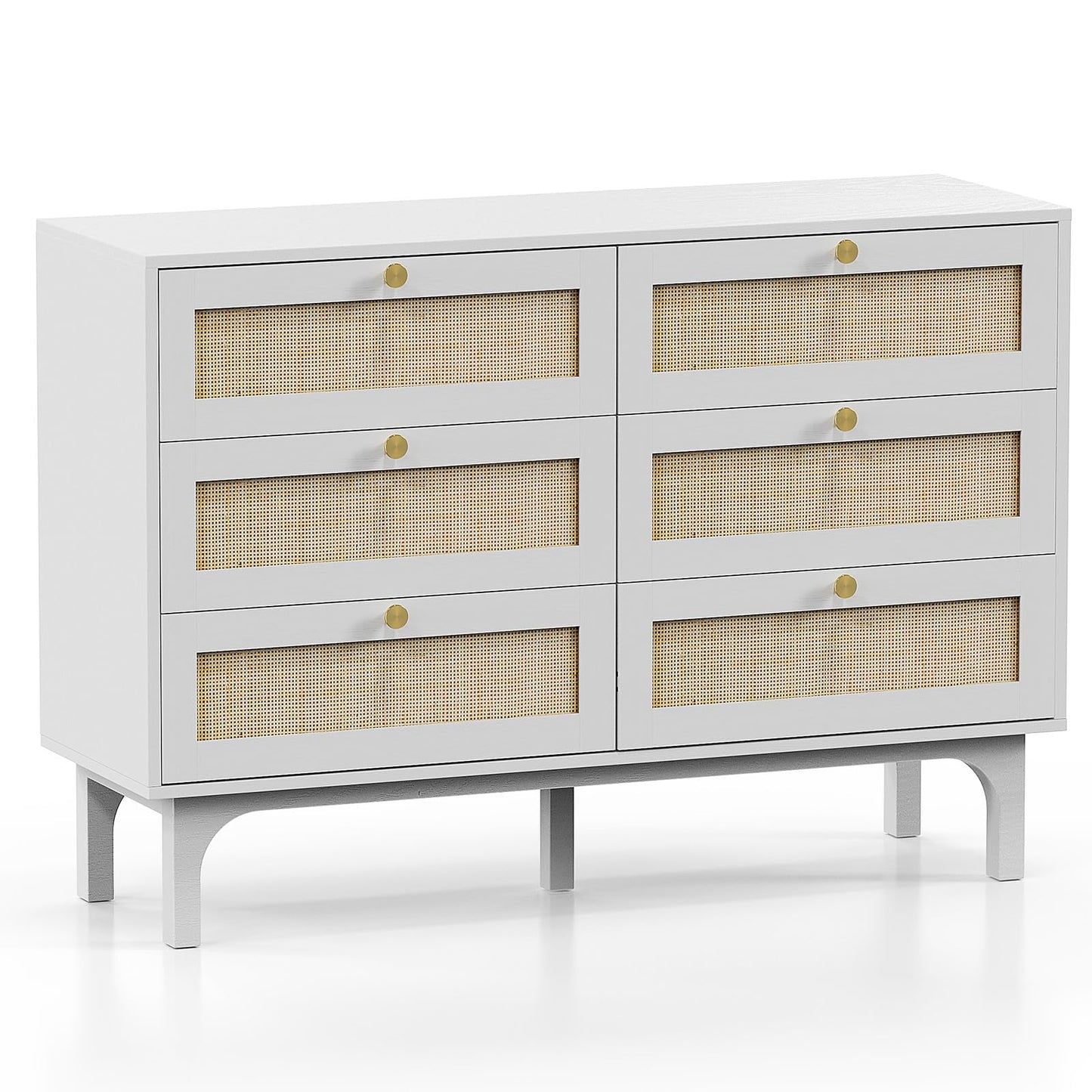 VINGLI 6 Drawer Dresser, White Dresser for Bedroom, Rattan Dresser, Boho Dresser, Wood Dresser Long Dresser TV Stand, Chest of Drawers, Baby/Kids/Nursery Dresser for Kids Bedroom, Living Room - WoodArtSupply