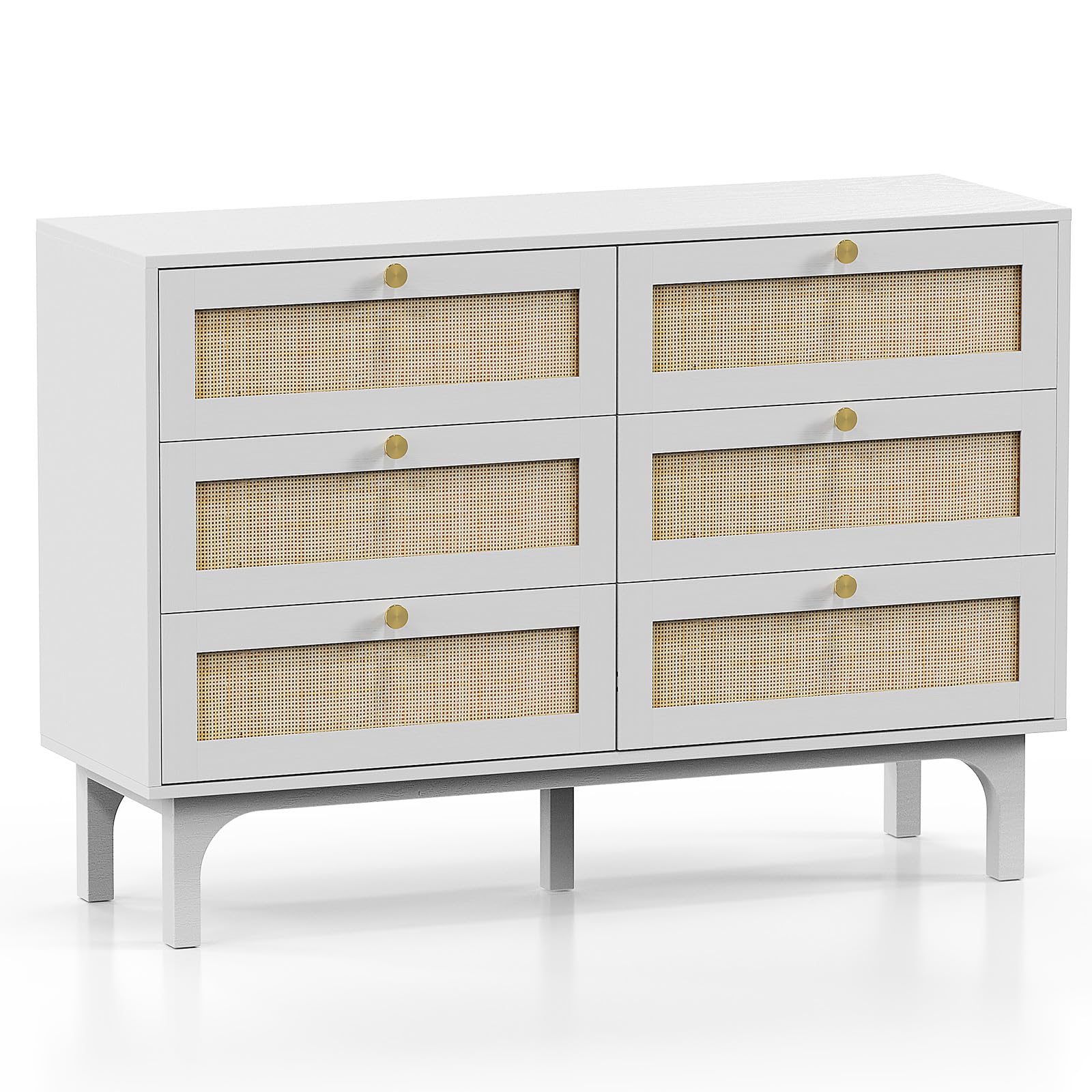 VINGLI 6 Drawer Dresser, White Dresser for Bedroom, Rattan Dresser, Boho Dresser, Wood Dresser Long Dresser TV Stand, Chest of Drawers, Baby/Kids/Nursery Dresser for Kids Bedroom, Living Room - WoodArtSupply