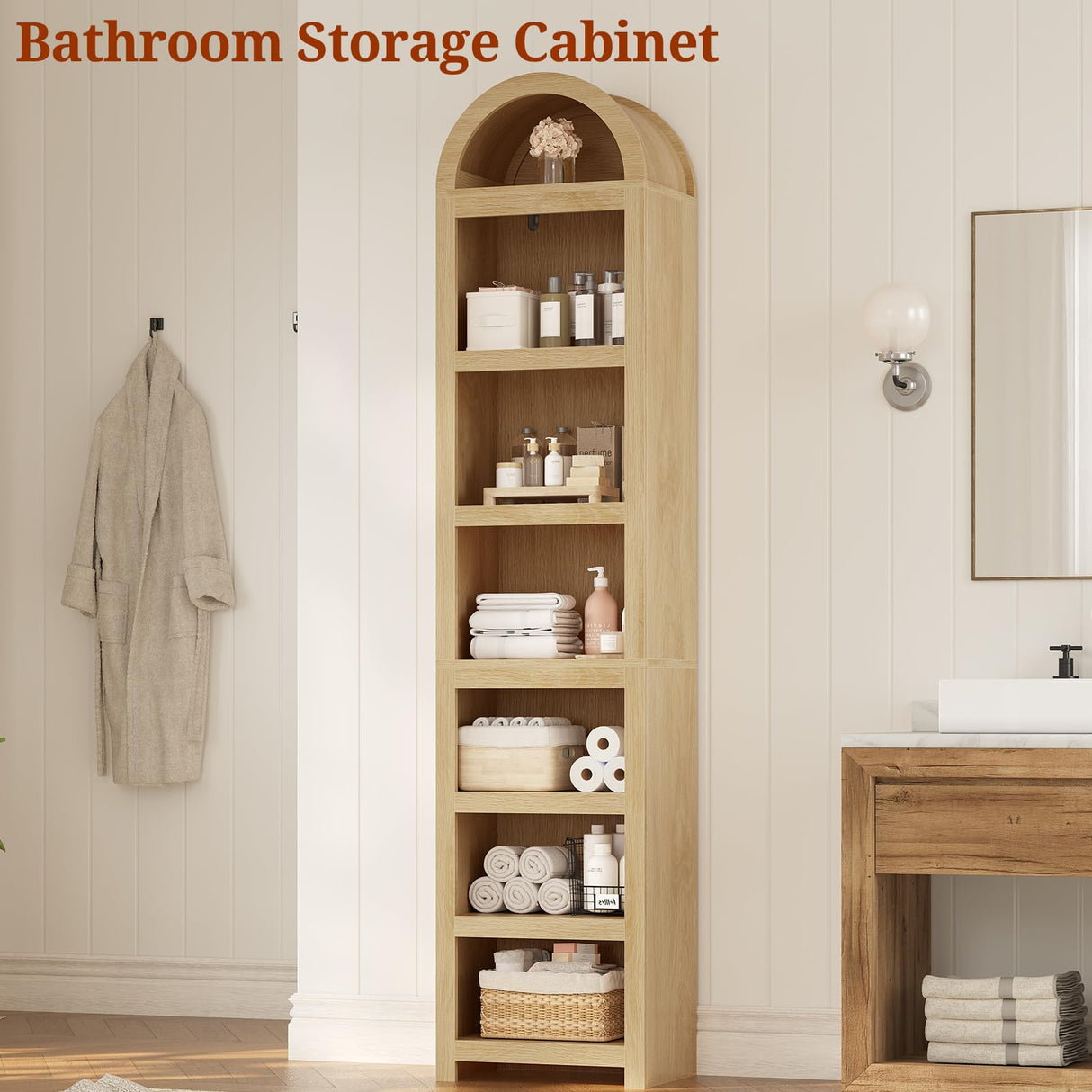 UPOSOJA 76" Tall Narrow Arched Bookcase,7-Teir Mid-Century Modern Bookshelf,Adjustable Shelves offering More Storage Space for Living Room,Kitchen,Home Office,Oak UPOSOJA