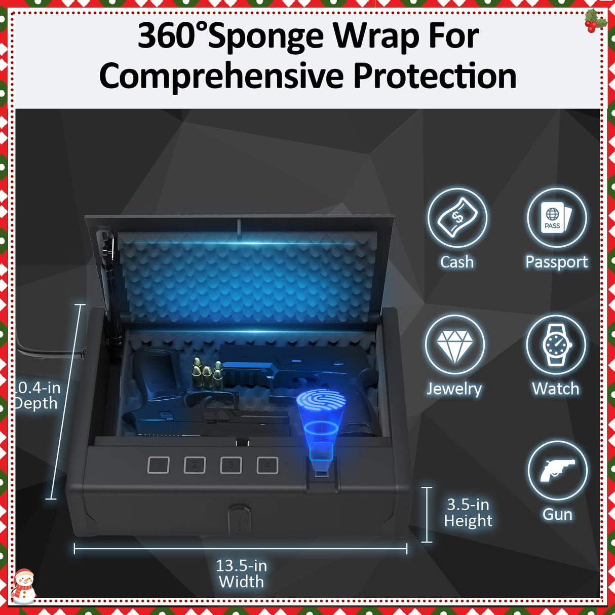 [ 20% Larger capacity ] Biometric Gun Safe for Handgun,Fingerprint Pistol Safe Box for Guns nightstand hidden gun storage for bedside Home Quick-Access large Ammunition Security Lock Box,Black XPEDITION