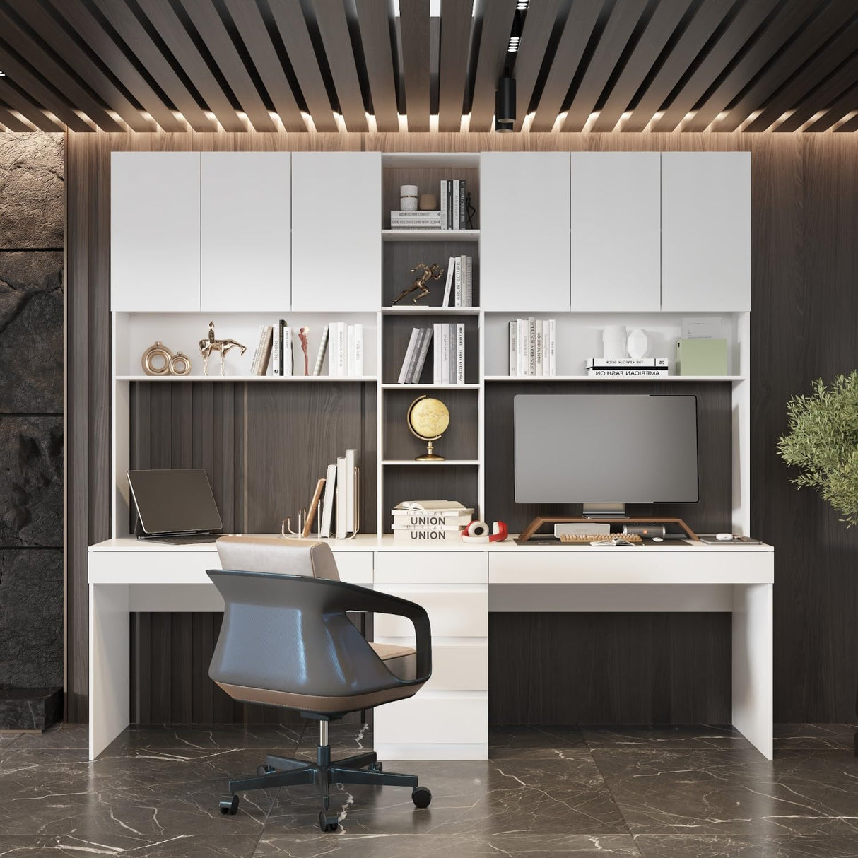 MOUMON Double Office Desk with Drawers and Shelves, Home Office Desk with Doors and Shelves, Double Computer Desk Workstation for Office White (94.5”W x 23.6”D x 86.6”H) MOUMON