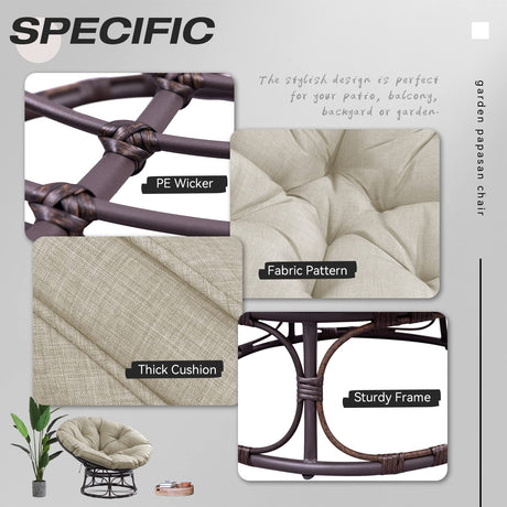 Joyside Papasan Chair with Cushion and Frame, 46'' Wicker Papasan Lounge Chair Large Saucer Chair, Brown Frame with Beige Cushion Joyside
