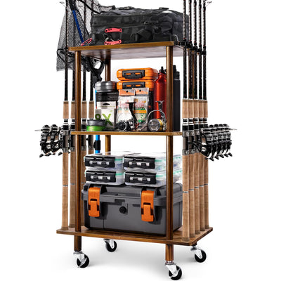 Ghosthorn Fishing Rod Holders for Garage Fishing Pole Rack Hold up to 10 Rods Fishing Pole Holders Wooden Organizer Fishing Rod Rack car Fishing Gear Storage Equipment (3 Tier)