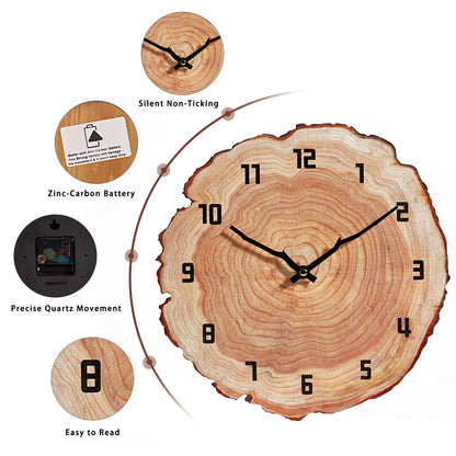 YRUDMBIN Rustic Wall Clock Silent 12 Inch Battery Operated Wooden Home Decor for Bathroom Kitchen Bedroom Living Room,Annual Ring