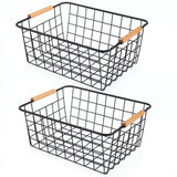 Wire Basket 2 Pcs Wire Storage Baskets Wire Baskets Organizing with Wooden Handles Wire Basket Pantry Organization and Storage Metal Wire Food Storage Basket for Kitchen, Cabinets (Black 2PCS) ELEATTRUN
