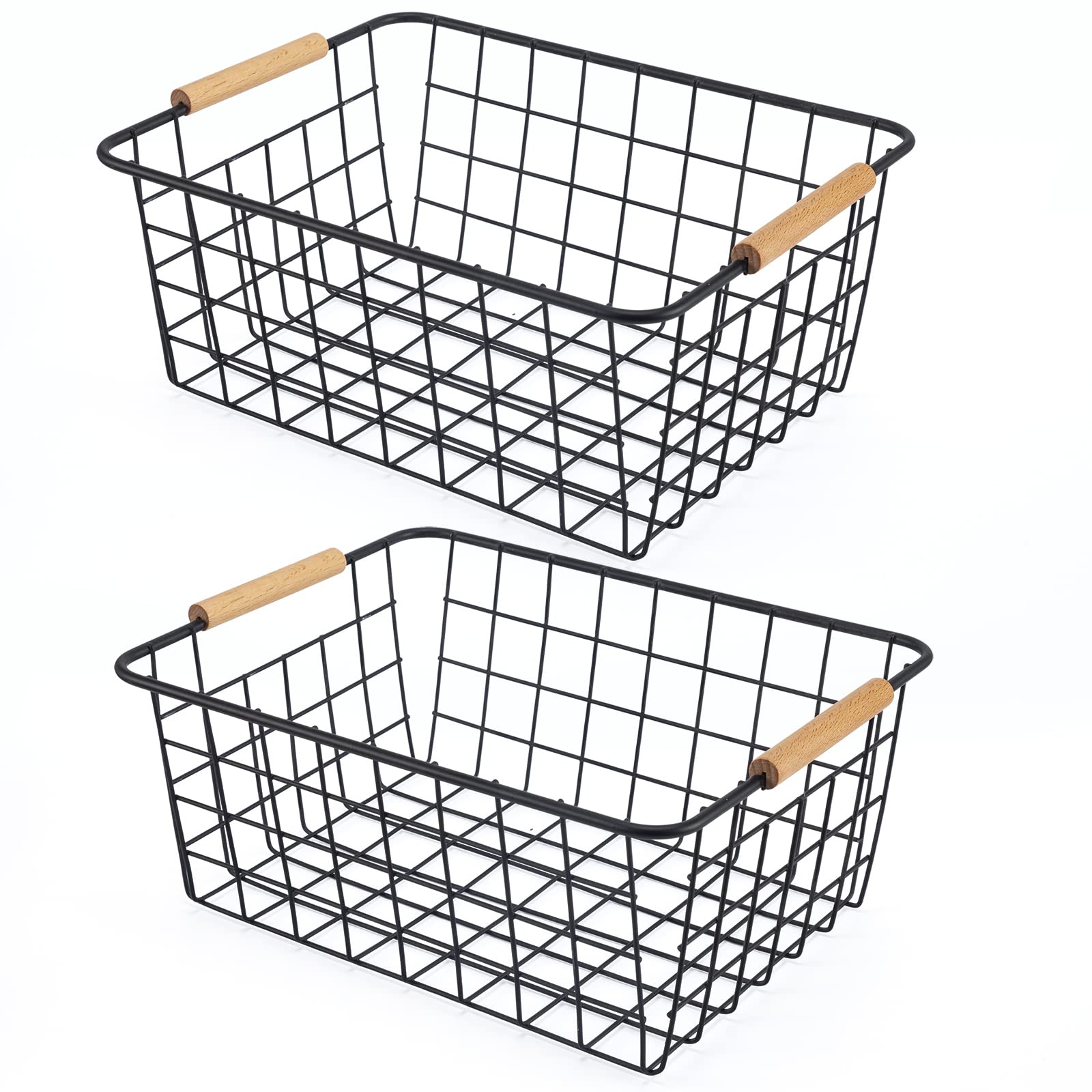 Wire Basket 2 Pcs Wire Storage Baskets Wire Baskets Organizing with Wooden Handles Wire Basket Pantry Organization and Storage Metal Wire Food Storage Basket for Kitchen, Cabinets (Black 2PCS - WoodArtSupply