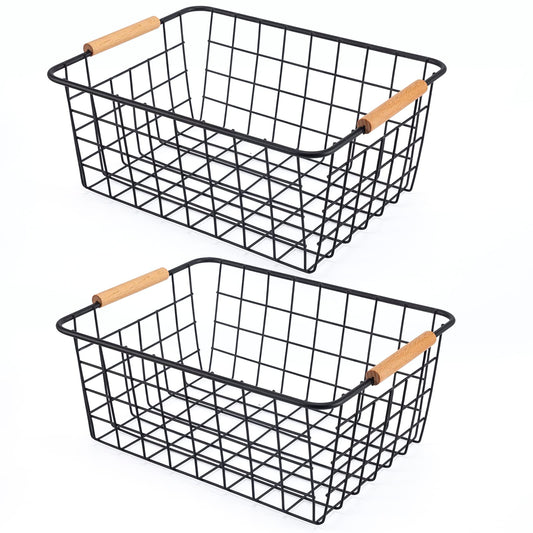 Wire Basket 2 Pcs Wire Storage Baskets Wire Baskets Organizing with Wooden Handles Wire Basket Pantry Organization and Storage Metal Wire Food Storage Basket for Kitchen, Cabinets (Black 2PCS - WoodArtSupply