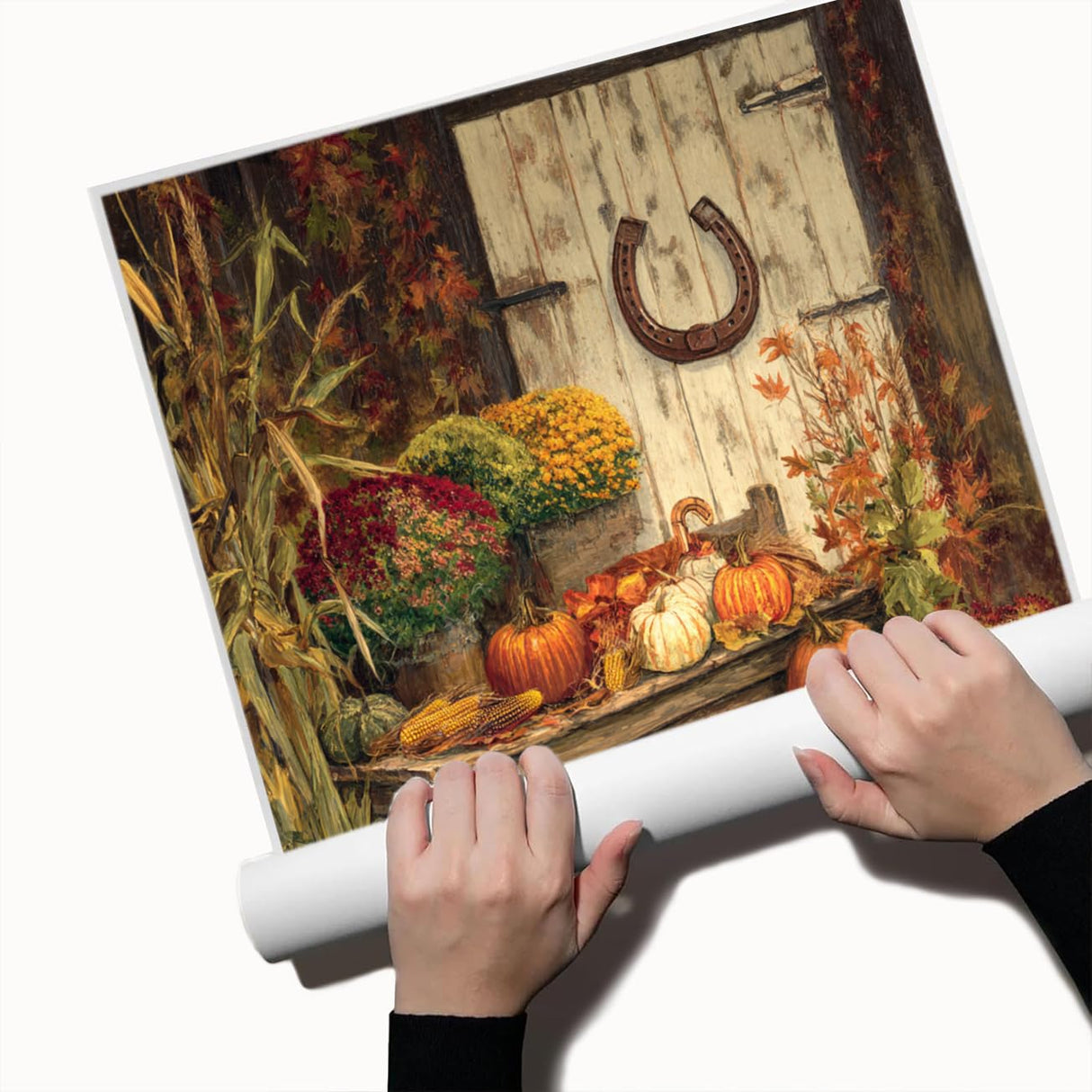 Rustic Harvest Porch Wall Art – Autumn Pumpkin and Corn Still Life Canvas Print with Flowers and Horseshoe Barn Door for Farmhouse Fall Decor 12x16in Unframed Generic