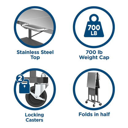 COSCO SmartFold Portable Workbench/Folding Utility Table with Locking Casters, 600 lb. Capacity, Stainless Steel Top