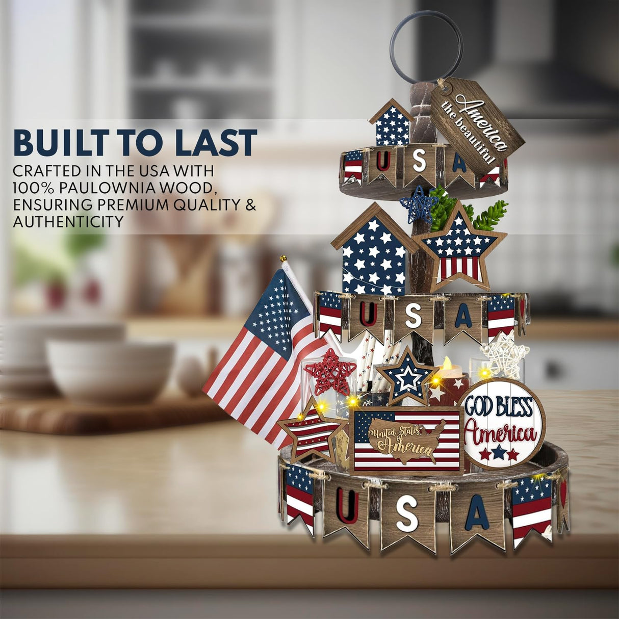 AONEHOME Adjustable 3 Tiered Tray Stand with 3 pcs Farmhouse Decor for Party AONEHOME