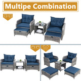 FYRICKYLINOO 5 Pieces Wicker Outdoor Patio Chairs Set with Ottoman, All Weather PE Rattan Patio Conversation Furniture Set Outdoor Furniture Set with Hidden Ottoman, Blue FYRICKYLINOO