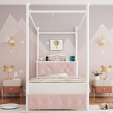 Twin Upholstered Canopy Bed Frame with Drawer & Crystal Tufted Storage Headboard Two-Purpose Metal Platform Bed with 4 Removable Posts & Charging Station Pink Princess Bed, Curtain Not Included Keyluv