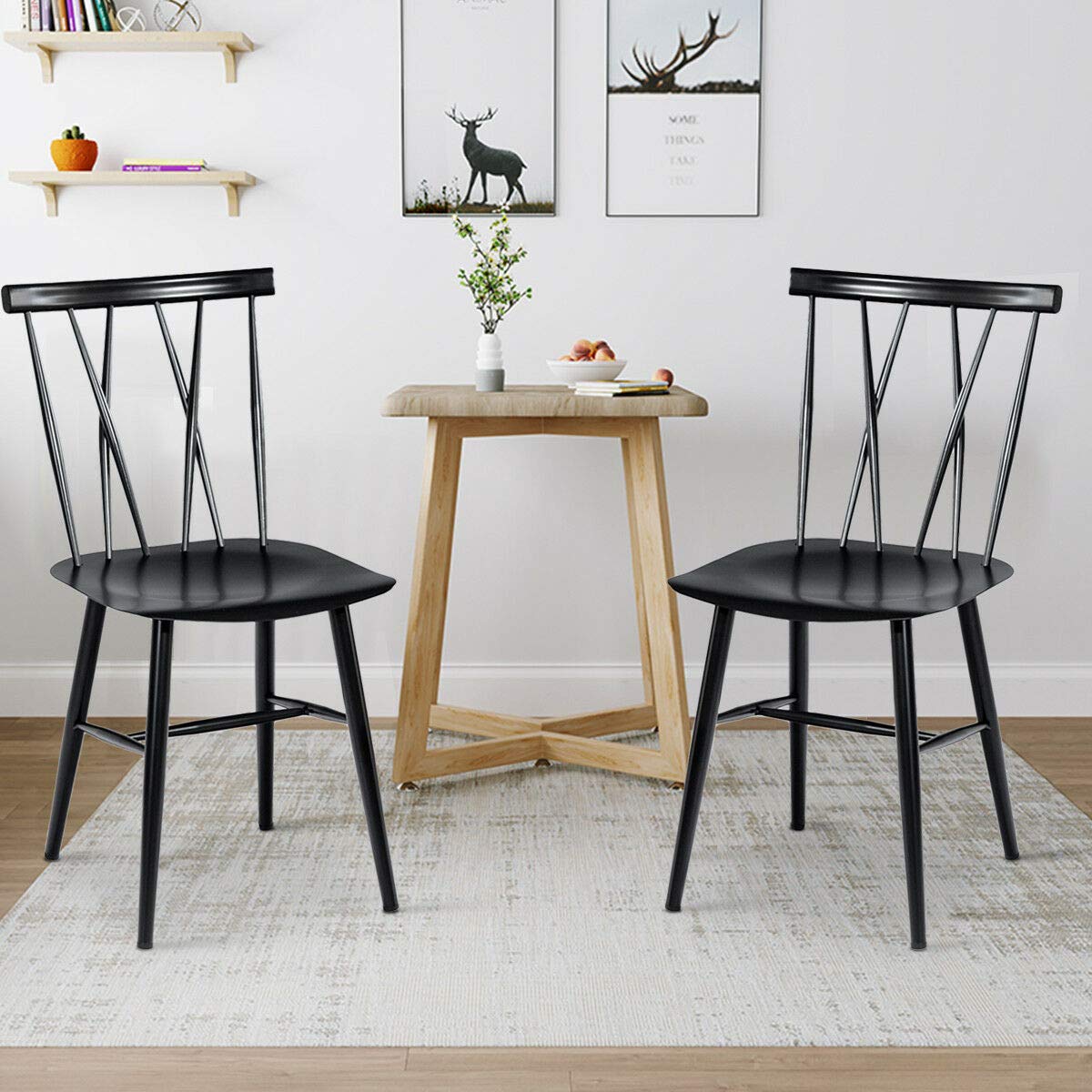 COSTWAY Dining Chair Set of 2, Farmhouse Windsor Chairs Dining Room Chairs with Spindle Back and Sturdy Metal Construction, Kitchen Side Chairs for Living Room Restaurant, Black (Height 17'') COSTWAY