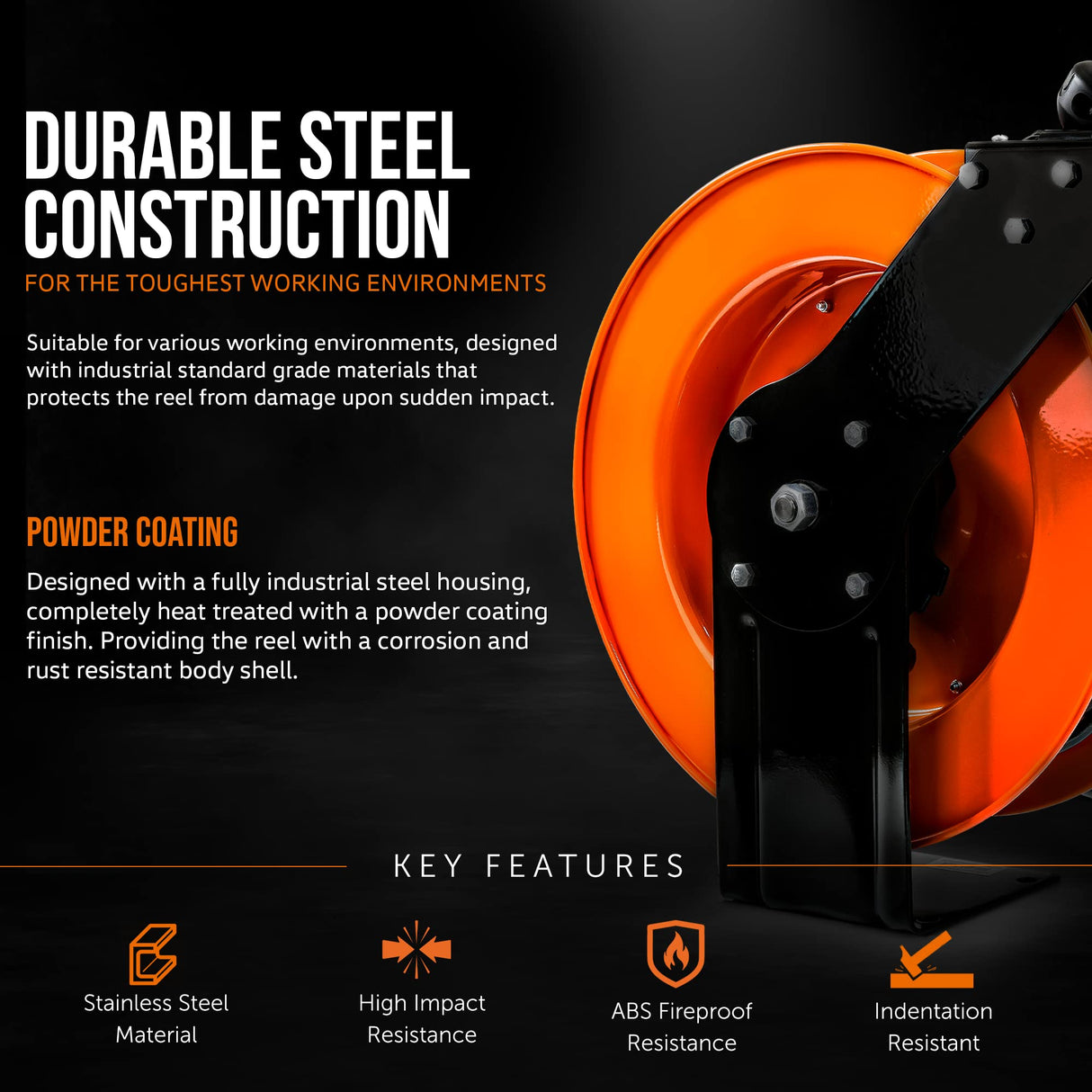 SuperHandy Extension Cord Reel Retractable 12AWG x 80' Foot 3C SJTOW Cable Triple Tap Connector Power Rating 125 Volt AC 15 Amp 1875 Watt Industrial Steel Single Arm SuperHandy