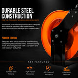 SuperHandy Extension Cord Reel Retractable 12AWG x 80' Foot 3C SJTOW Cable Triple Tap Connector Power Rating 125 Volt AC 15 Amp 1875 Watt Industrial Steel Single Arm SuperHandy