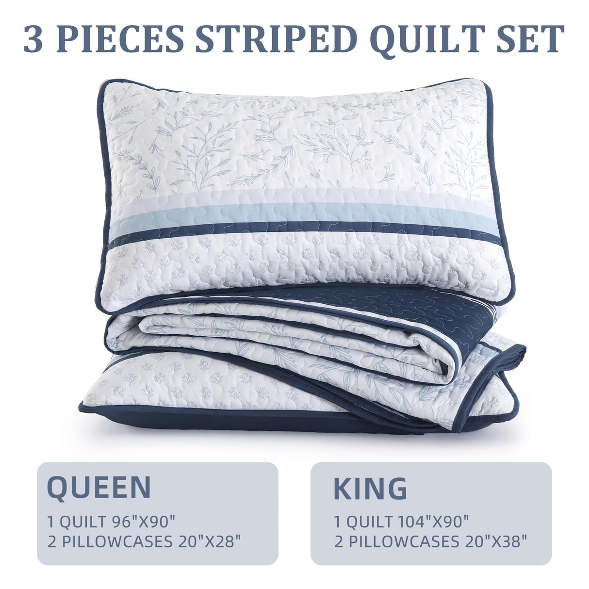 DJY Striped Quilt Set King Size, Navy Blue Boho Striped Patchwork Leaves Printed Bedspread Coverlet Set 3 Pieces Soft Lightweight Microfiber Quilted Bedding Set for All Season (104"x90") DJY