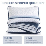 DJY Striped Quilt Set King Size, Navy Blue Boho Striped Patchwork Leaves Printed Bedspread Coverlet Set 3 Pieces Soft Lightweight Microfiber Quilted Bedding Set for All Season (104"x90") DJY