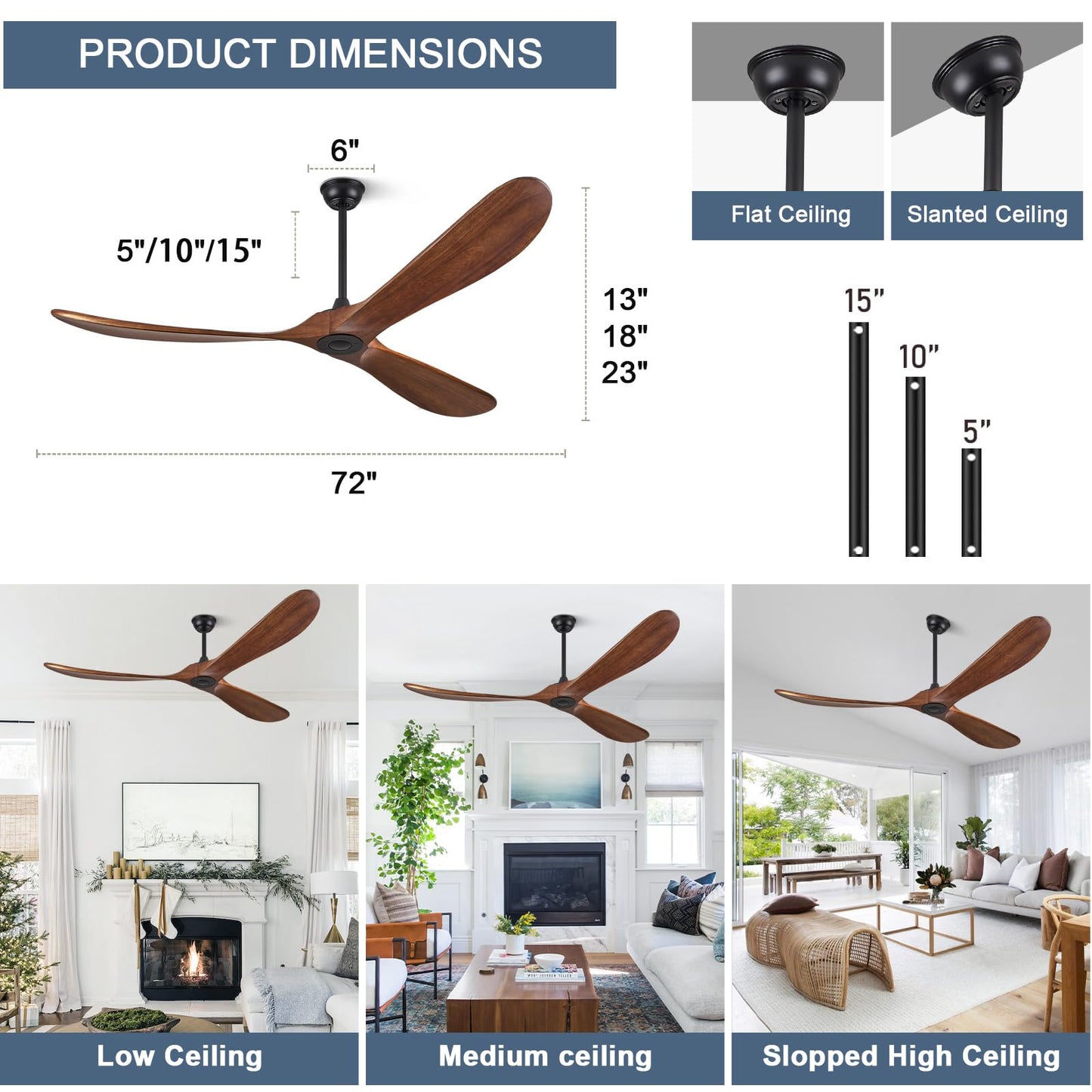 ABZ Ceiling Fans Without Lights - 72 Inch Outdoor Ceiling Fans no Lights with Remote Control, 3 Blade Solid Wood Ceiling Fans for Patios Living Room Bedroom Porch