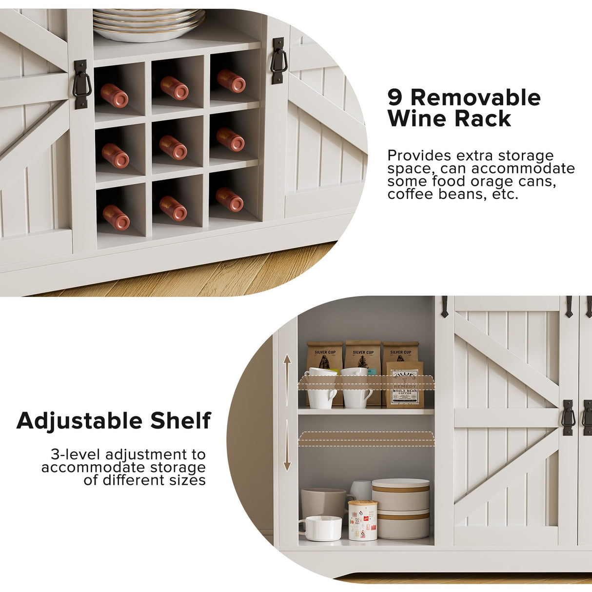 SYESWAY 57" Coffee Bar, Farmhouse Coffee Bar Cabinet with 3-Tier Storage, Tall Buffet Kitchen Hutch Cabinet with 8 Hooks & 9 Wine Racks, Wine Bar Cabinet for Home, Living Room, White SYESWAY