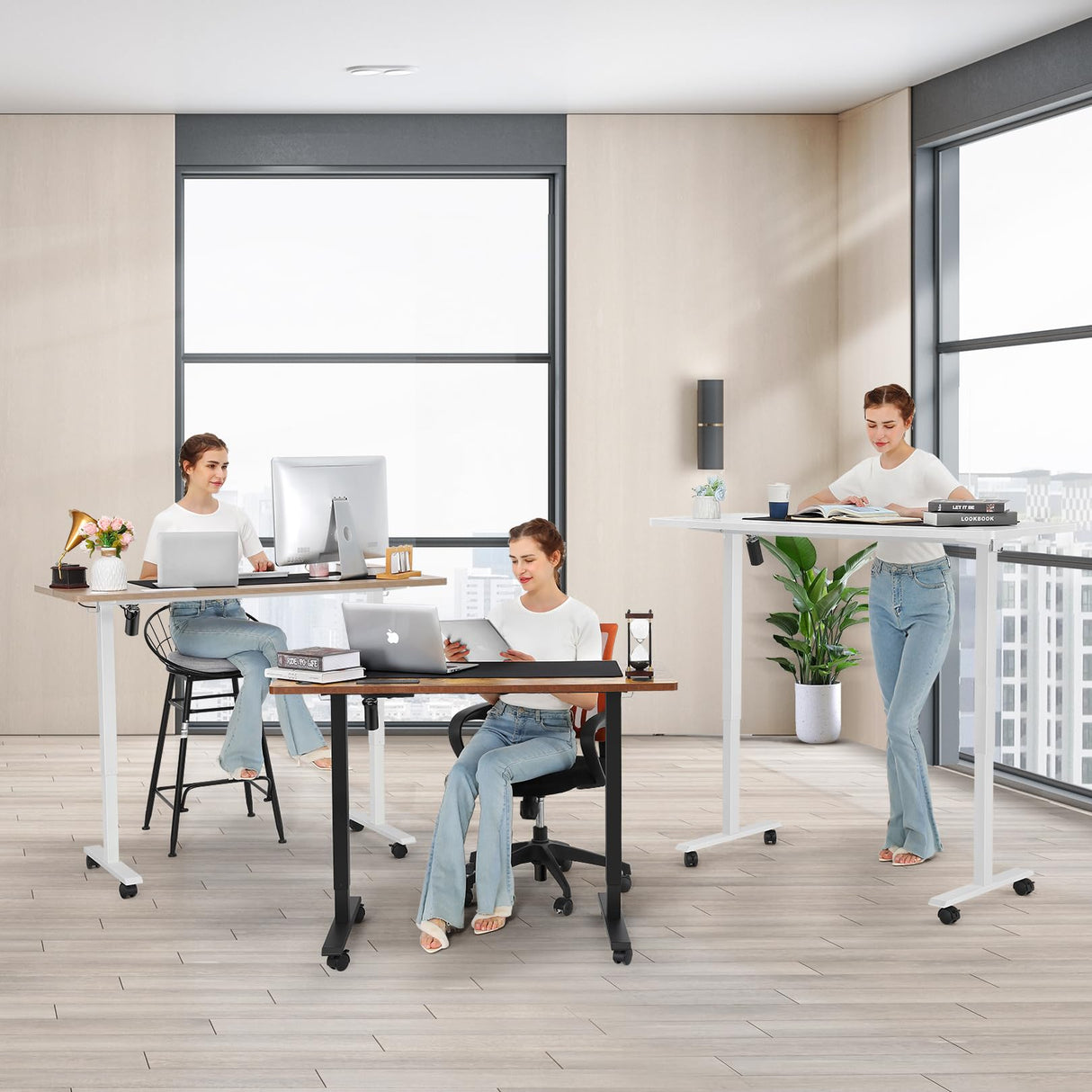 farexon Electric Standing Desk 63 x 24In with Charging Station, Stand up Desk with Oversized Mouse Pad, 2 USB Ports & 3 Power Outlets, 4 Caster, 4 Preset Heights Easy to Set(White) farexon