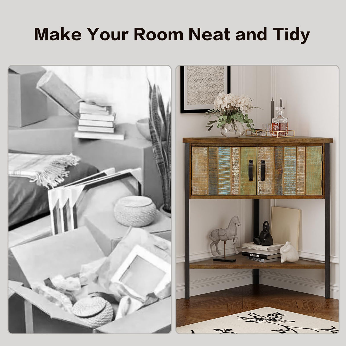 Giofanzo Corner Tables for Living Room, Small Corner Table with Storage Cabinet Table Corner Bar Accent Cabinet with Solid Wood and Metal Frame, Hand-Made Unique Corner Table（Natural Blue） Giofanzo