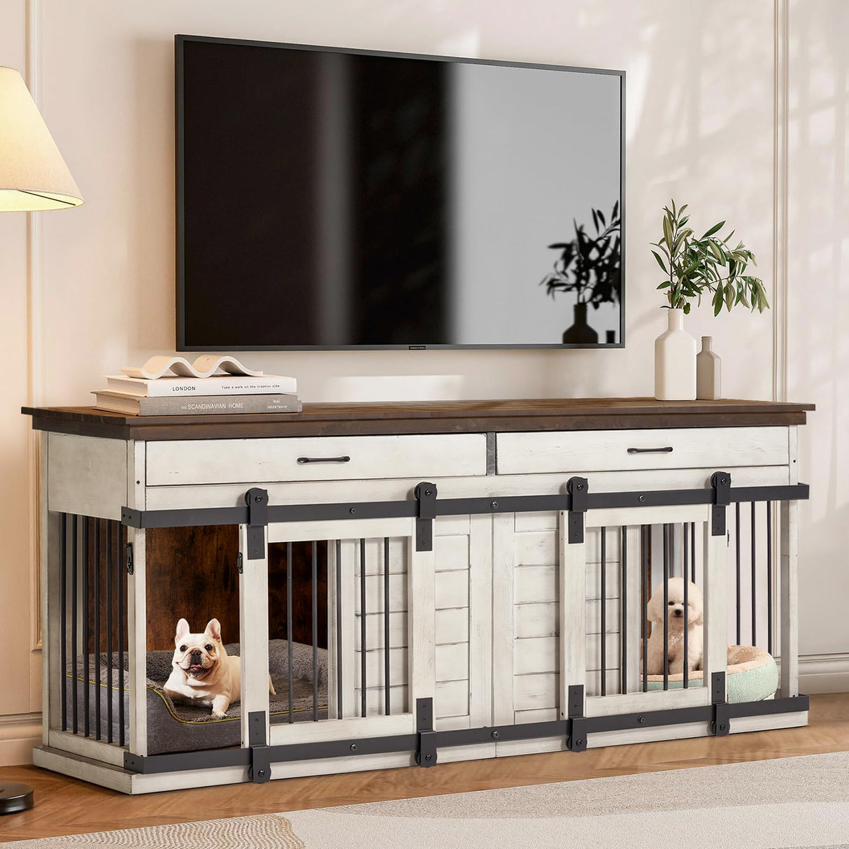 Erinnyees Solid Wood Dog Crate Furniture, 72.4" Wooden Indoor Dog Kennel Furniture for Large Dogs, Heavy Duty Dog Crates with Divider, Indoor Dog Cage Furniture TV Stand with Sliding Doors and Drawers Erinnyees