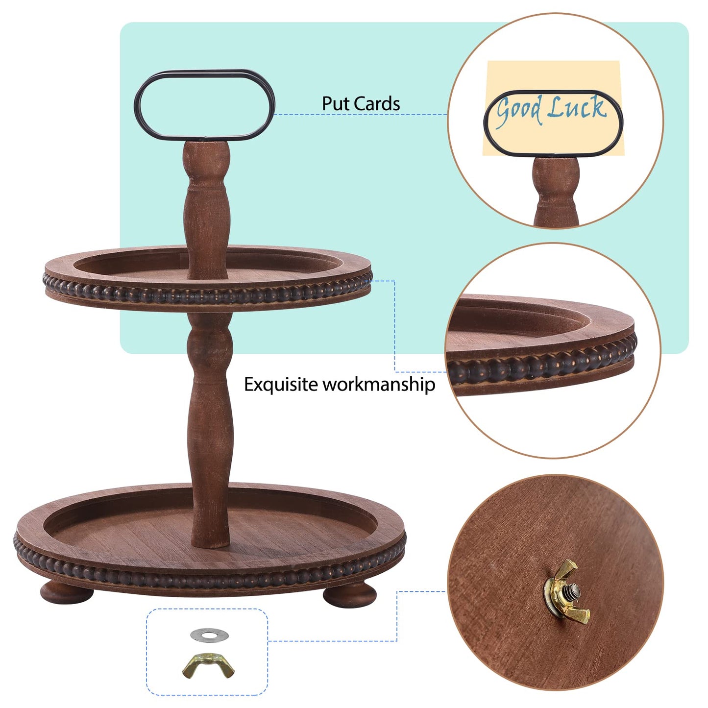 Urban Deco Wooden Decorative Tray Two Tiered Tray Decorations Round Serving Tray with Metal Handle, Wooden Cupcake Stand for Party Tiered Dessert Stand - Dark Brown Farmhouse Wooden Tray - WoodArtSupply