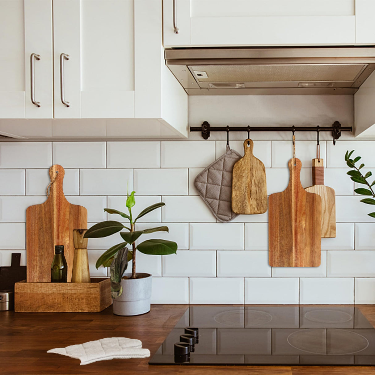 12 Packs Acacia Wood Cutting Board,12 x 6 Inch Plain Chopping Board with Handles Serving Board Wooden Kitchen Cutting Board Bulk with Rope and Plaid Ribbon for Vegetables Meat Pizza Cheese Fruit Bread Aweyka