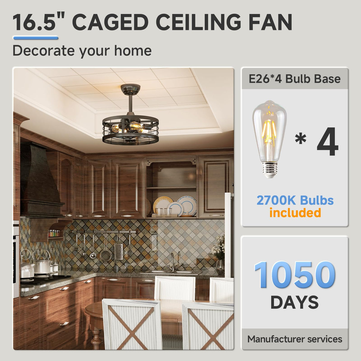 VOLISUN Caged Fandelier with Light and Remote, 16.5in Black Bladeless Ceiling Fan Lights Fixtures for Kitchen, Bedroom (4 * 2700K Bulbs Included) VOLISUN