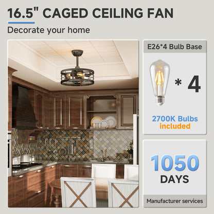 VOLISUN Caged Fandelier with Light and Remote, 16.5in Black Bladeless Ceiling Fan Lights Fixtures for Kitchen, Bedroom (4 * 2700K Bulbs Included)