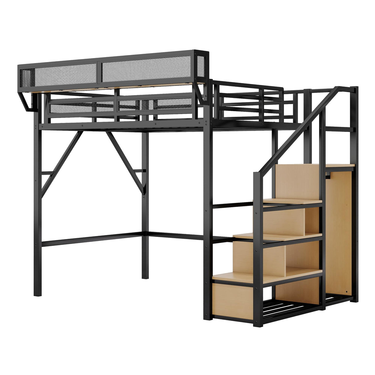 KEIKI Full Size Metal Loft Bed Frame with Convertible Staircase, Built-in Storage Shelves & Wardrobe, Loft Bed with Solid Slats & Guardrail, No Box Spring Required, Easy Assembly, for Bedroom, Black KEIKI