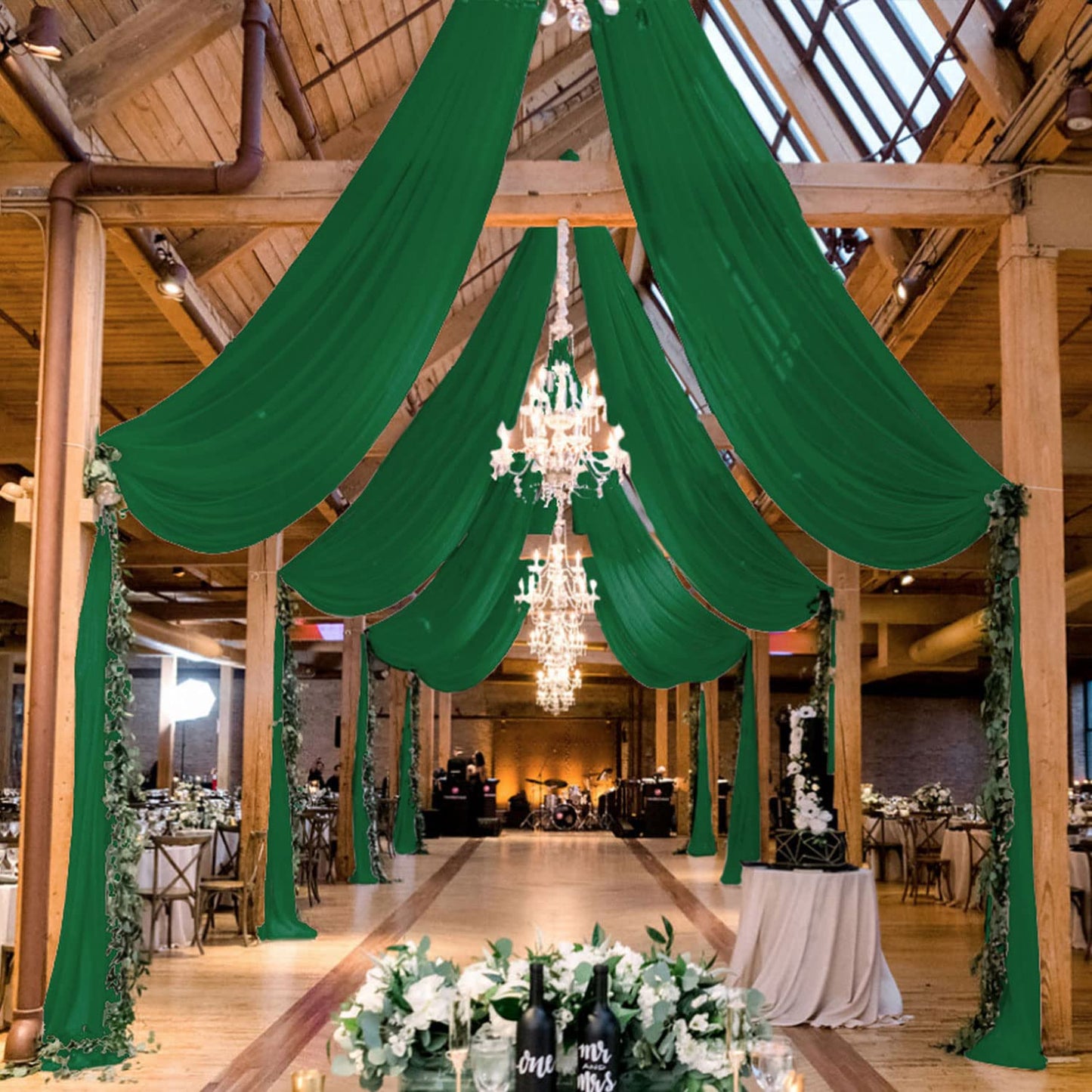 MODFUNS Ceiling Drapes for Parties Green Chiffon Ceiling Curtains 5x30FT 4 Panels Sheer Draping Fabric Tulle Curtain Drapery Elegant Arbor Ceiling Fabric for Bridal Baby Shower Party Tent Drapes