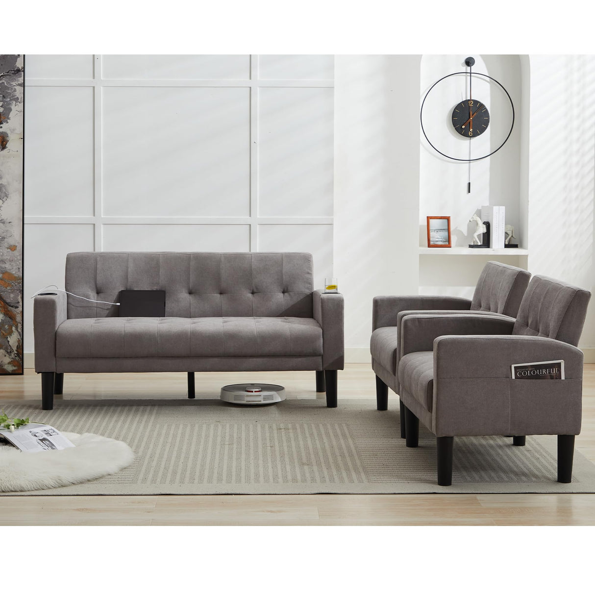 TYBOATLE Sofa Couch, Living Room Furniture Sectional Sofa Sets 3 Pcs, Tufted Mid-Century Loveseat w/USB, Cupholders & Comfy Single Sofa for Small Space, Apartment, Office (Light Grey) TYBOATLE
