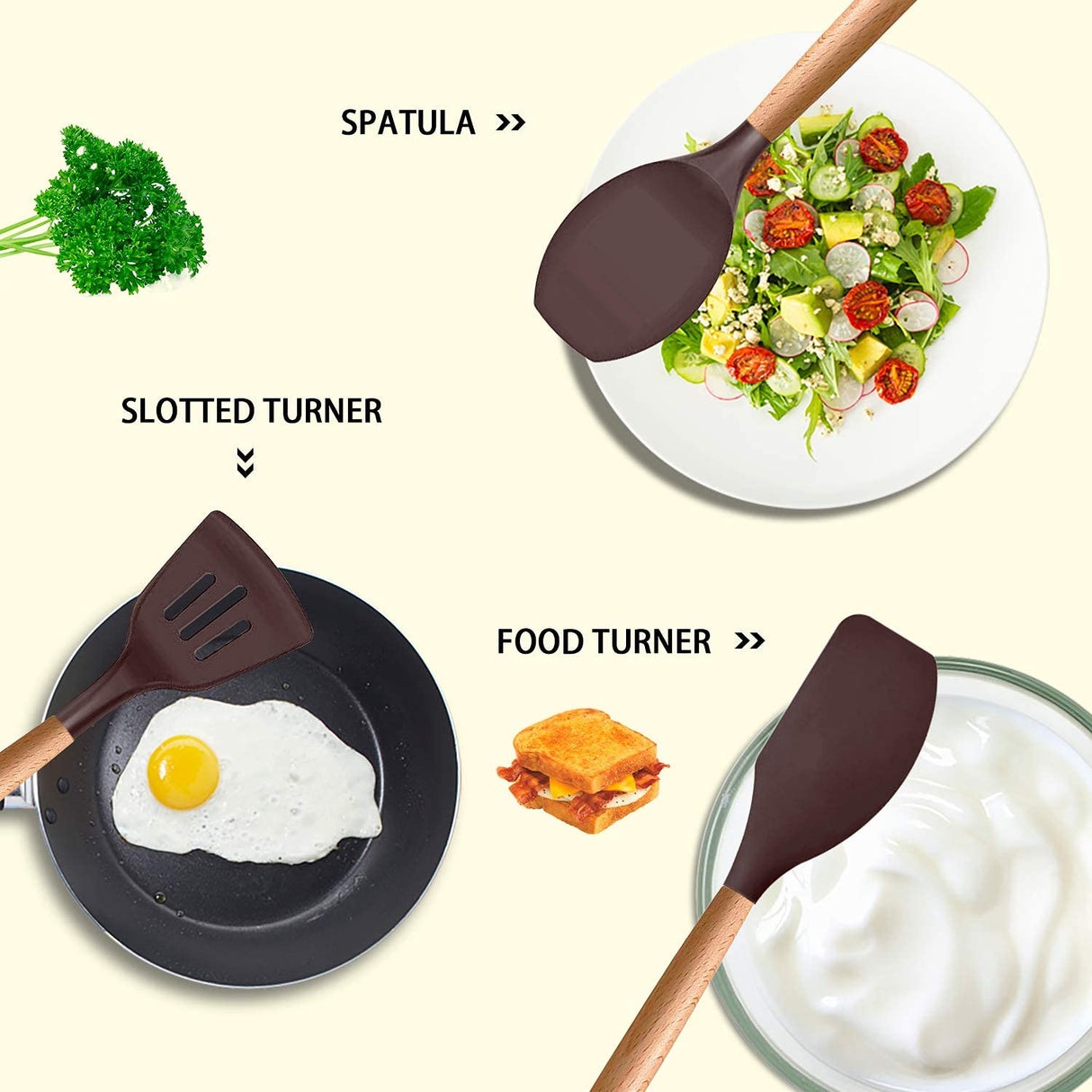 MIBOTE Silicone Cooking Kitchen Utensils Set with Holder, Wooden Handles BPA Free Non Toxic Silicone Turner Tongs Spatula Spoon Kitchen Gadgets Utensil Set for Nonstick Cookware (Coffee) MIBOTE