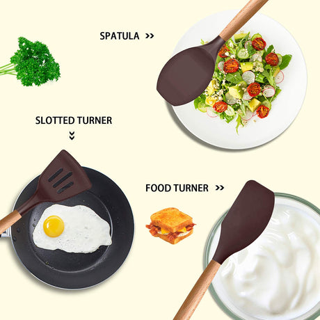 MIBOTE Silicone Cooking Kitchen Utensils Set with Holder, Wooden Handles BPA Free Non Toxic Silicone Turner Tongs Spatula Spoon Kitchen Gadgets Utensil Set for Nonstick Cookware (Coffee) MIBOTE