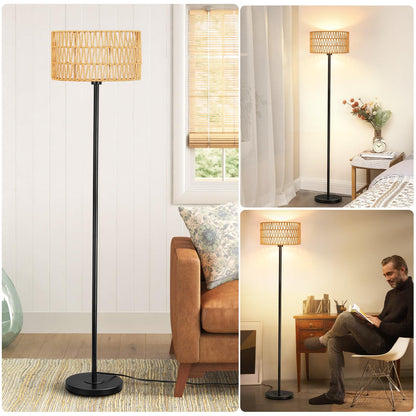 Rattan Floor Lamps for Living Room, Rattan Boho Floor Lamp, Black Metal Floor Lamp with LED Bulb, Rattan Fabric Double Shades, Farmhouse Rustic Floor Lamp, Standing Lamp for Living Room Bedro - WoodArtSupply