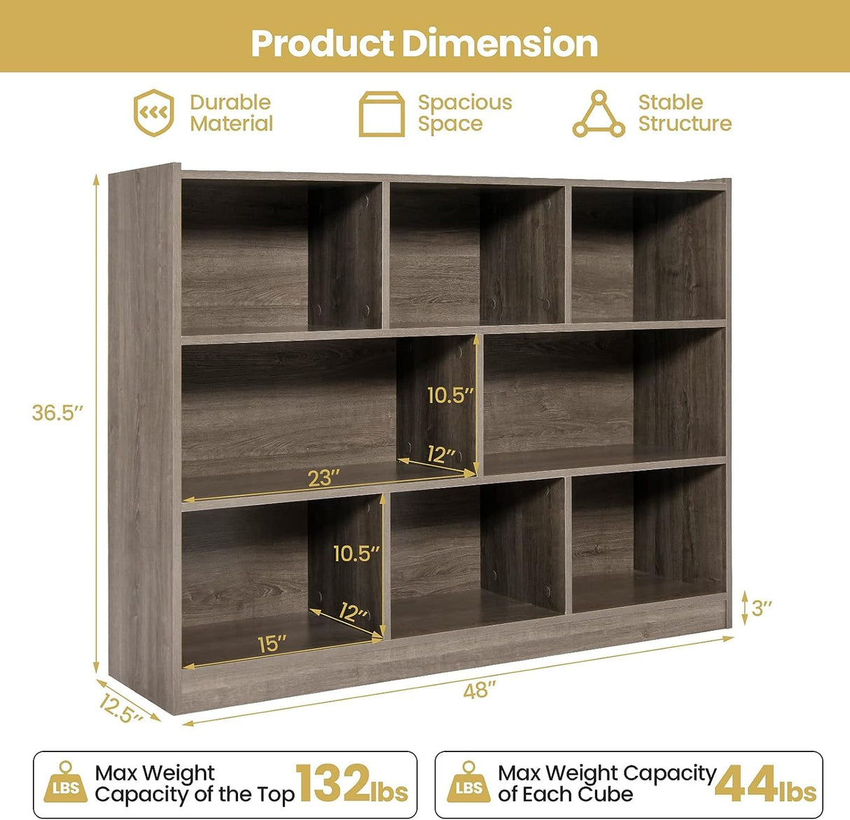LDAILY 8 Cube Low Bookcase, 3 Shelf Horizontal Bookshelf, 3-Tier Storage Cabinet with Anti-Tipping Device, Modern Storage Shelves for Living Room, Classroom, Kids Room, Office (Gray) LDAILY