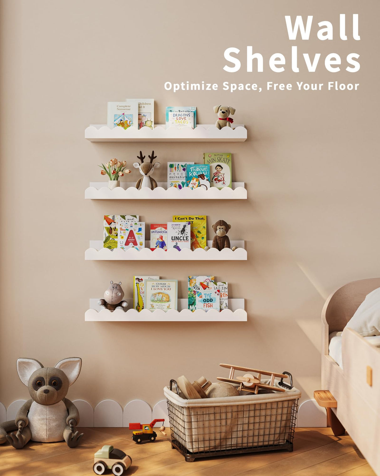 Nursery Book Shelves, 4-Pack White Floating Shelves for Wall Kids, Scalloped Shelves, Wall Book Shelves for Bedroom Kids, Toddler Room, Baby Room, Nursery Decor Shario