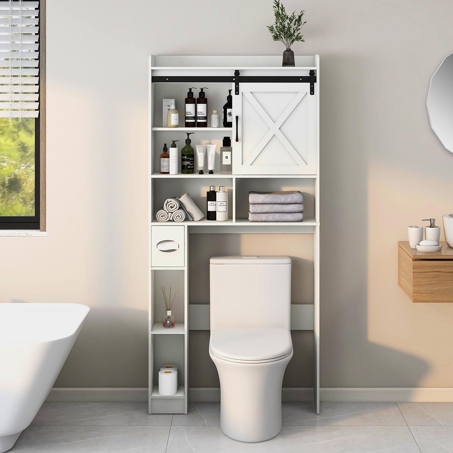 Over The Toilet Storage Cabinet, Farmhouse Storage Cabinet Over Toilet with Sliding Barn Door & Toilet Paper Holder Stand，Home Space-Saving Toilet Rack, for Bathroom, Restroom, Laundry