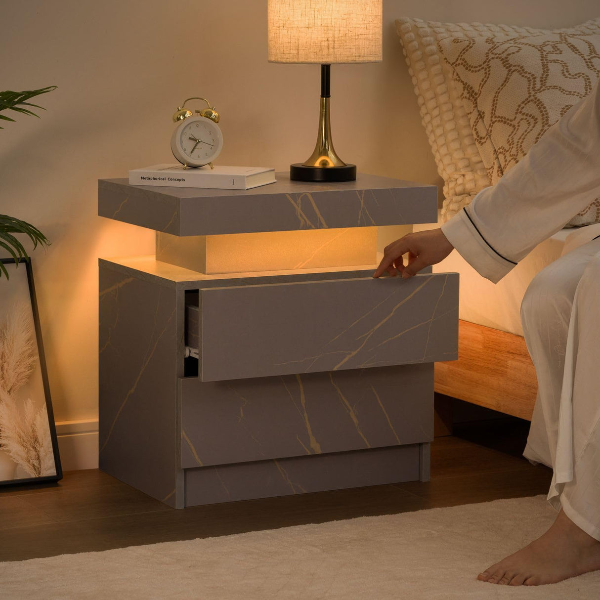 Bingoday LED Nightstand LED Bedside Table with 2 Drawers, Wooden Cabinet Unit with LED Lights for Bedroom, End Table Side Table for Bedroom Living Room Bingoday