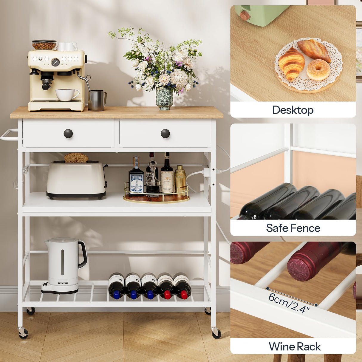 HOOBRO Kitchen Island with Storage, Rolling Island Cart for Kitchen with 2 Drawers & Outlet, 3 Tier Coffee Station and Microwave Stand, Kitchen Island Table for Home, Natural and White WN08UZD01 HOOBRO