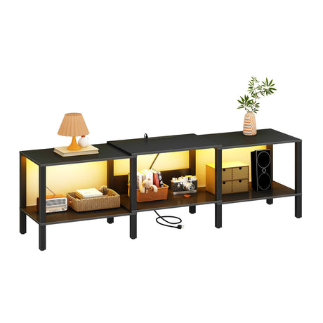 HHETOGOL Black LED TV Stand for Living Room 75 Inch Wood TV Media Console for 45/55/65/75 inch TVs，Industrial TV Stand，TV Stand Media Entertainment Center with Power Outlet ，Rustic Brown CALTV06BKE HHETOGOL