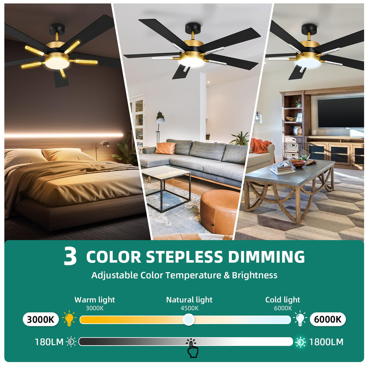 YITAHOME 60 Inch Ceiling Fan with Light and Remote, 5 Blades with Crystal Rod Design, Modern Chandelier Ceiling Fan with Reversible Quiet Motor, Indoor Ceiling Fan with 3 LED Colors, Black&Gold YITAHOME