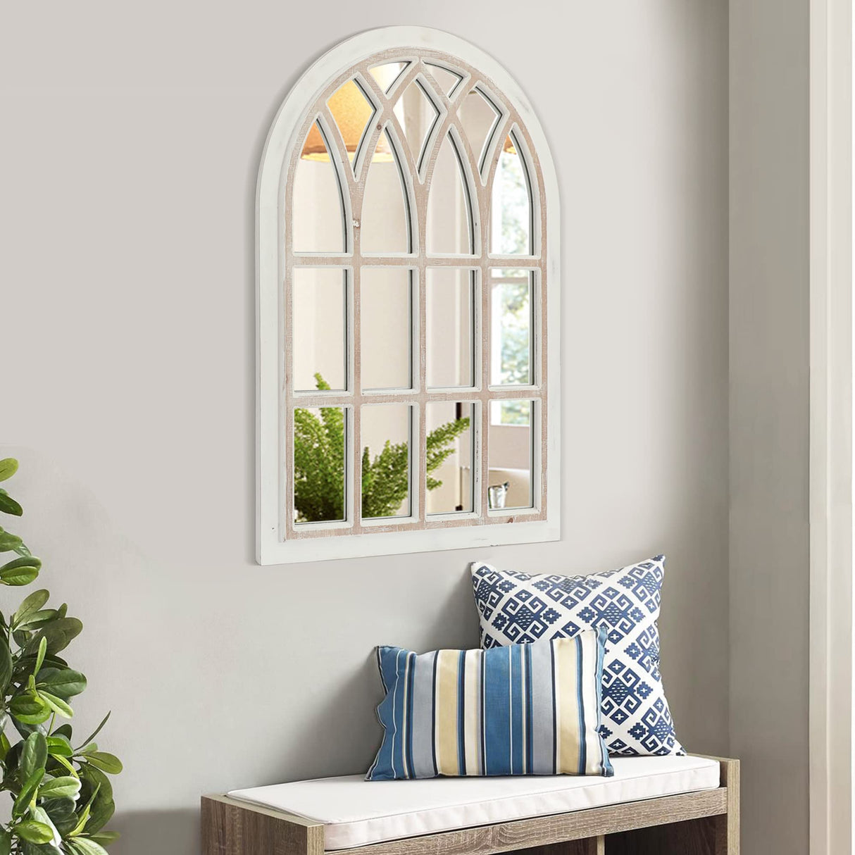 FLORA Farmhouse Window Pane Mirror, Large Decorative White Wall Mirror for Living Room Kitchen Entryway, 24 L x 34 FLORA