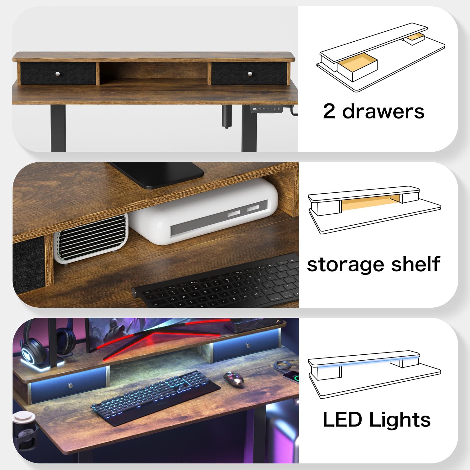 Saedew Electric Adjustable Standing Desk, Sit Stand Desk with Power Outlets & LED Lights 48”Adjustable Height Standing Desk with Drawers Adjustable Table Desk Riser for Home Office - WoodArtSupply