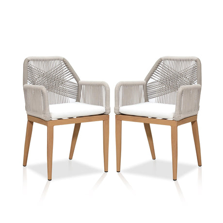 PURPLE LEAF Patio Dining Chair Set 2 Pieces Metal Modern Furniture Seating for Garden Kitchen Porch Outdoor Rattan Dining Chairs with Armrests and Cushions, Teak PURPLE LEAF