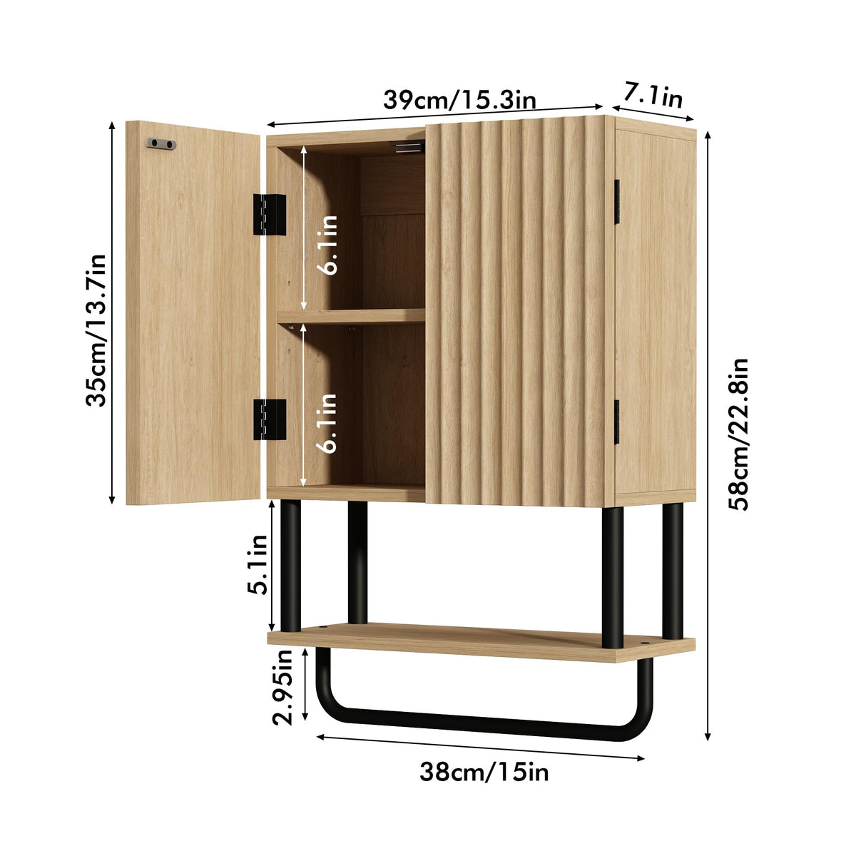 RUSTOWN Fluted Bathroom Wall Cabinet with 2 Doors, 3-Tier Modern Farmhouse Medicine Cabinet, Over The Toilet Storage Cabinet with Adjustable Shelf and Towel Bar(Natural, Small) RUSTOWN